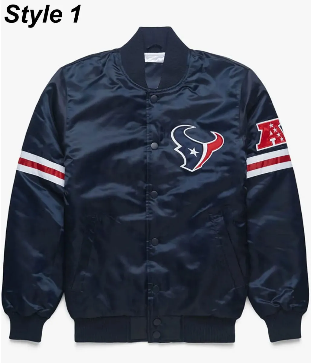 Houston Texans Navy Blue Satin Bomber Jacket Houston Texans Navy Blue Satin Bomber Jacket