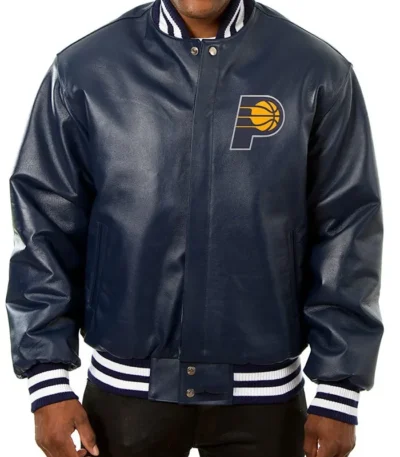 Indiana Pacers Navy Blue Leather Varsity Jacket