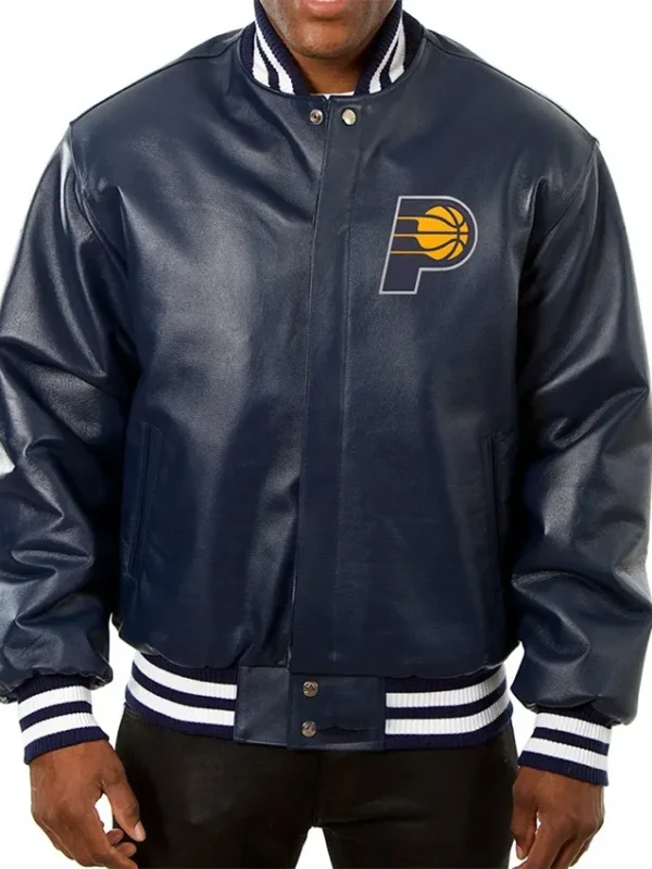 Indiana Pacers Navy Blue Leather Varsity Jacket