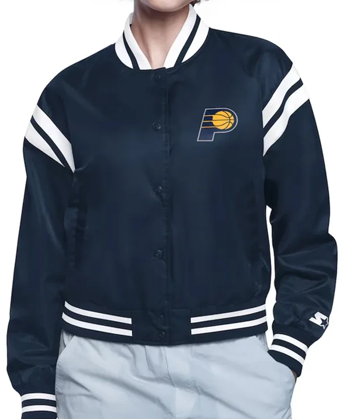 Indiana Pacers Printed Logo Satin Varsity Jacket Indiana Pacers Printed Logo Satin Varsity Jacket