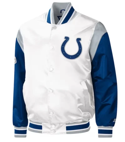 Indianapolis Colts Throwback Warm Up Pitch Varsity White Satin Jacket