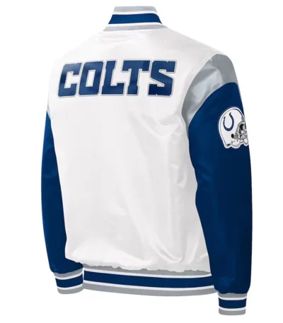 Indianapolis Colts Throwback Warm Up Pitch Varsity White Satin Jacket