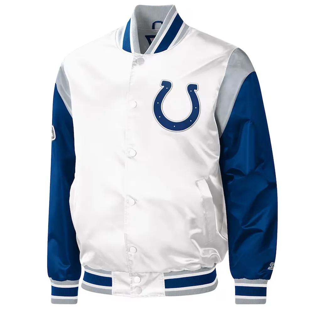 Indianapolis Colts Throwback Warm Up Pitch Varsity White Satin Jacket Indianapolis Colts Throwback Warm Up Pitch Varsity White Satin Jacket