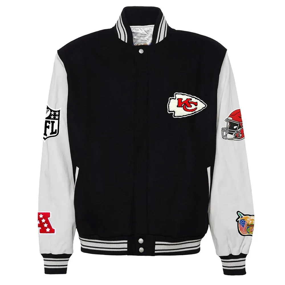 JH Kansas City Chiefs Varsity Black and White Jacket JH Kansas City Chiefs Varsity Black and White Jacket