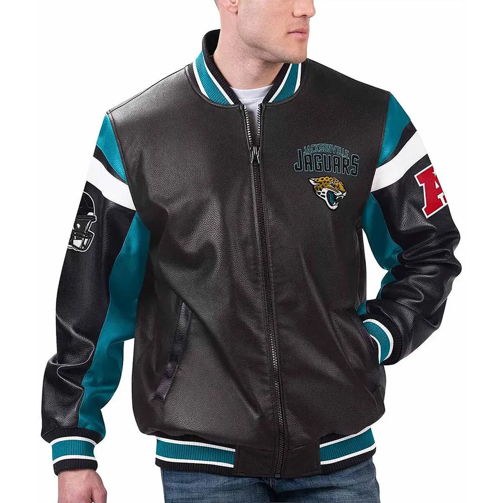 Jacksonville Jaguars Black Varsity Full-Zip Leather Jacket Jacksonville Jaguars Black Varsity Full-Zip Leather Jacket
