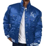 KC Royals Satin Royal Silver Tab Trucker Jacket