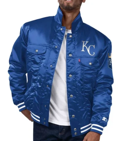 KC Royals Satin Royal Silver Tab Trucker Jacket