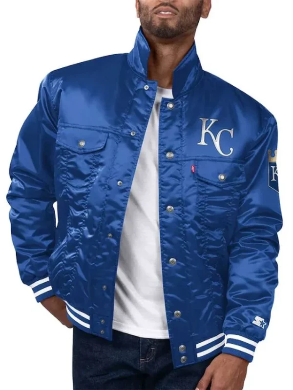 KC Royals Satin Royal Silver Tab Trucker Jacket