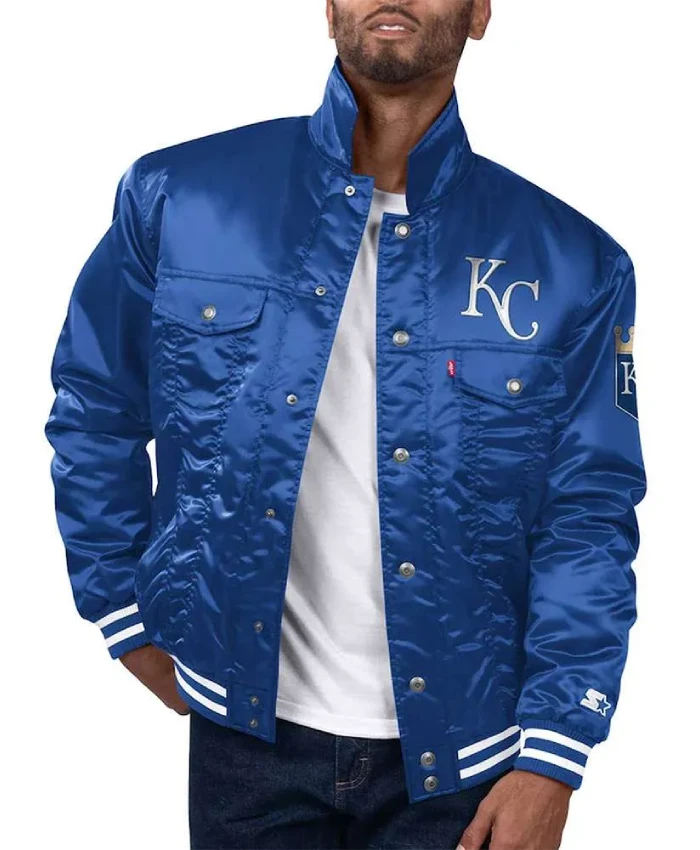KC Royals Satin Royal Silver Tab Trucker Jacket KC Royals Satin Royal Silver Tab Trucker Jacket
