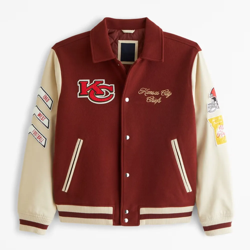 Kansas City Chiefs Burgundy and Off White Varsity Jacket Kansas City Chiefs Burgundy and Off White Varsity Jacket