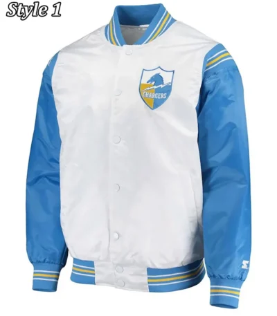 LA Chargers Renegade Throwback White and Powder Blue Varsity Satin Jacket