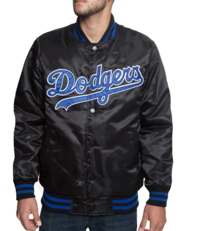 LA Dodgers Black Blue Patches Satin Jacket