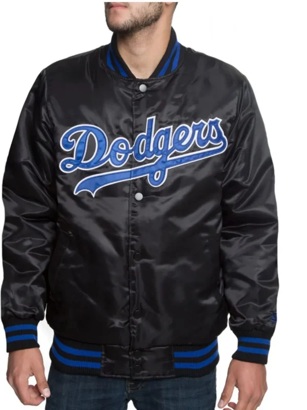 LA Dodgers Black Blue Patches Satin Jacket