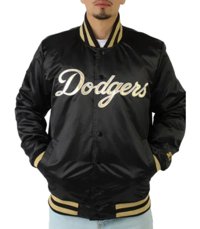 LA Dodgers Gold Patches Black Satin Jacket
