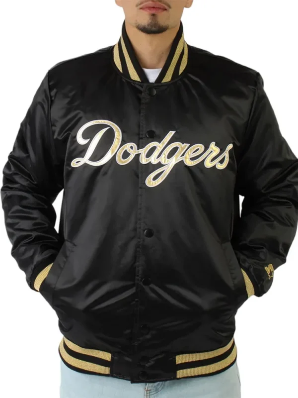 LA Dodgers Gold Patches Black Satin Jacket