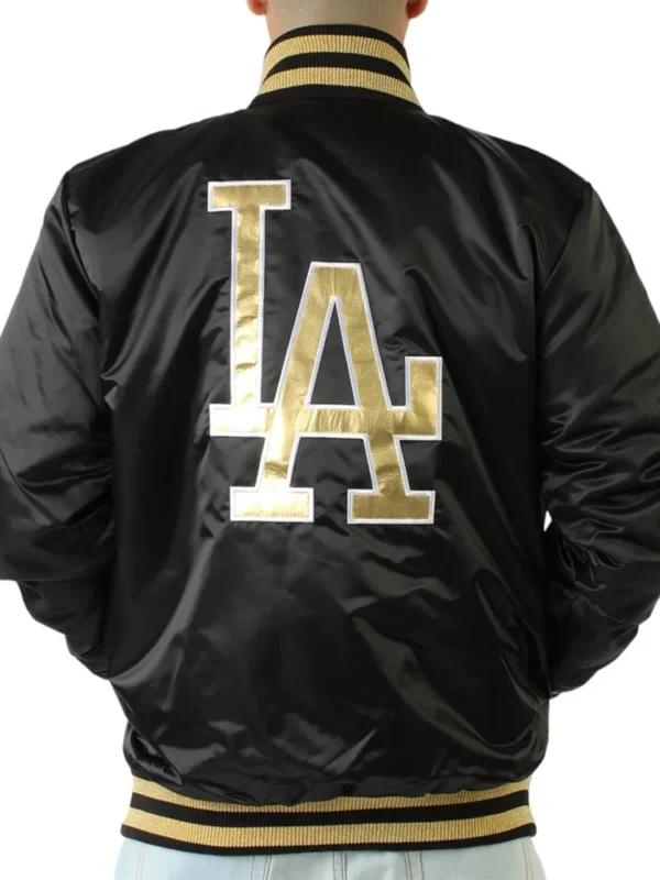 LA Dodgers Gold Patches Black Satin Jacket