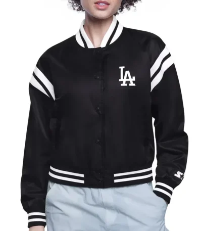 LA Dodgers Printed Logo Black Varsity Satin Jacket