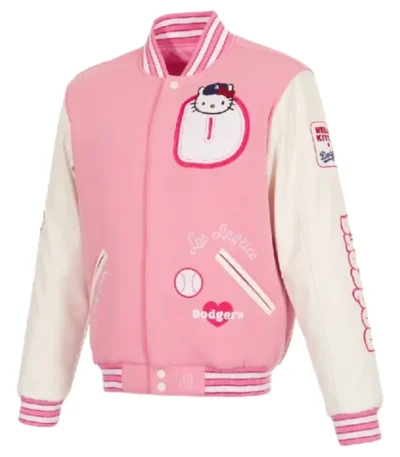 LA Dodgers x Hello Kitty Pink and White Varsity Jacket