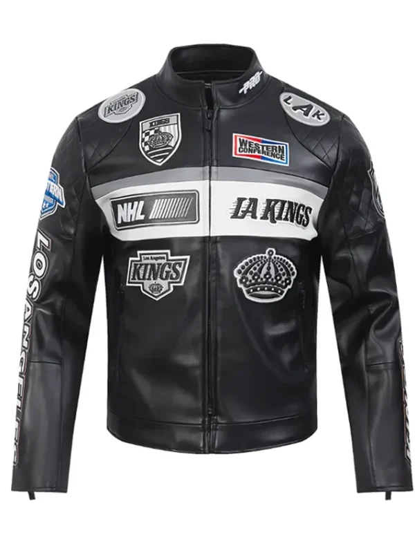 LA Kings Moto Black Leather Full Zip Jacket