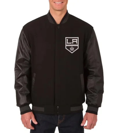 LA Kings Two Hit Wool and Leather Black Varsity Jacket