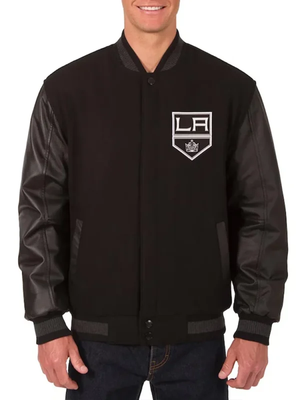 LA Kings Two Hit Wool and Leather Black Varsity Jacket