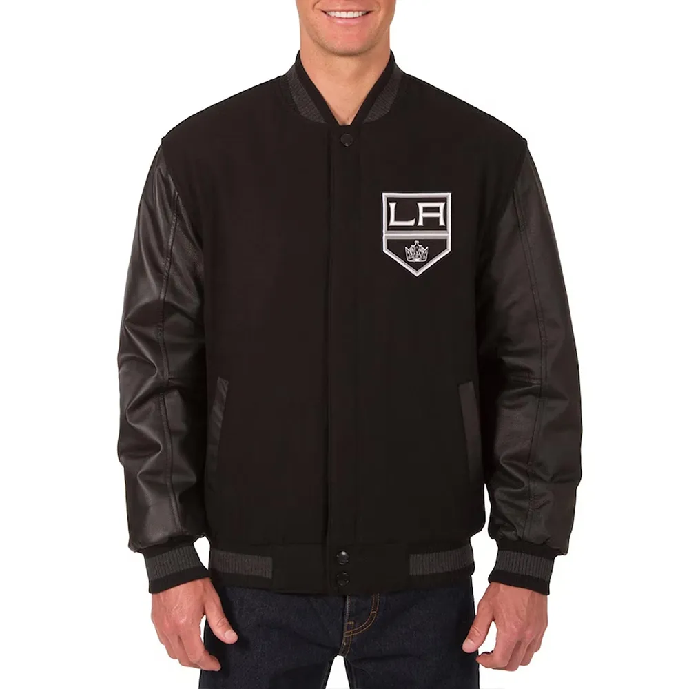 LA Kings Two Hit Wool and Leather Black Varsity Jacket LA Kings Two Hit Wool and Leather Black Varsity Jacket