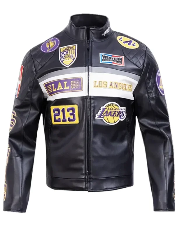 LA Lakers Moto Black Leather Zip-up Jacket