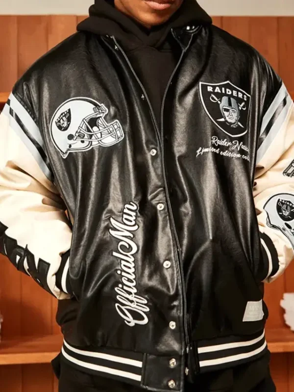 Las Vegas Raiders Black Leather Bomber Jacket