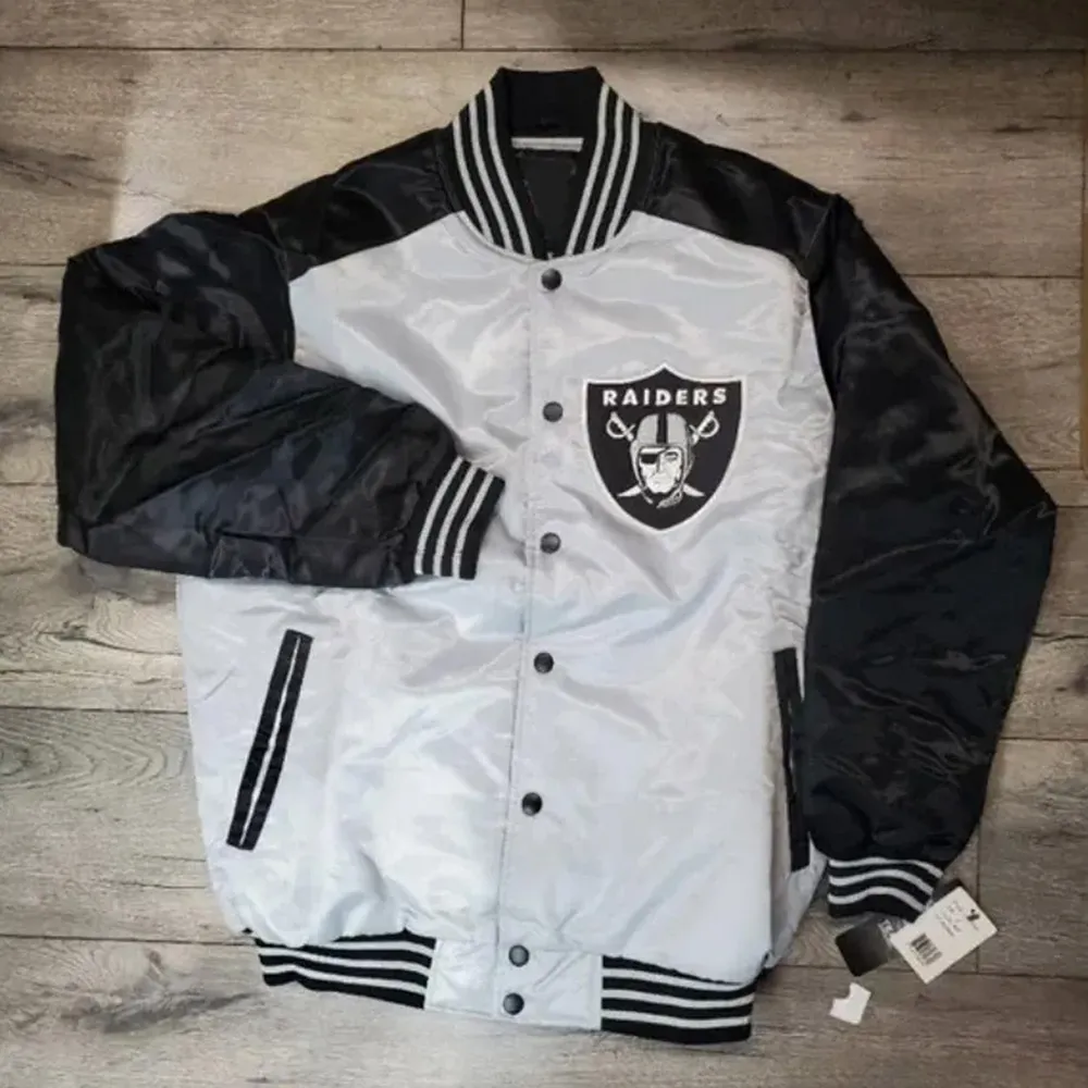 Las Vegas Raiders Black and White Satin Jacket Las Vegas Raiders Black and White Satin Jacket