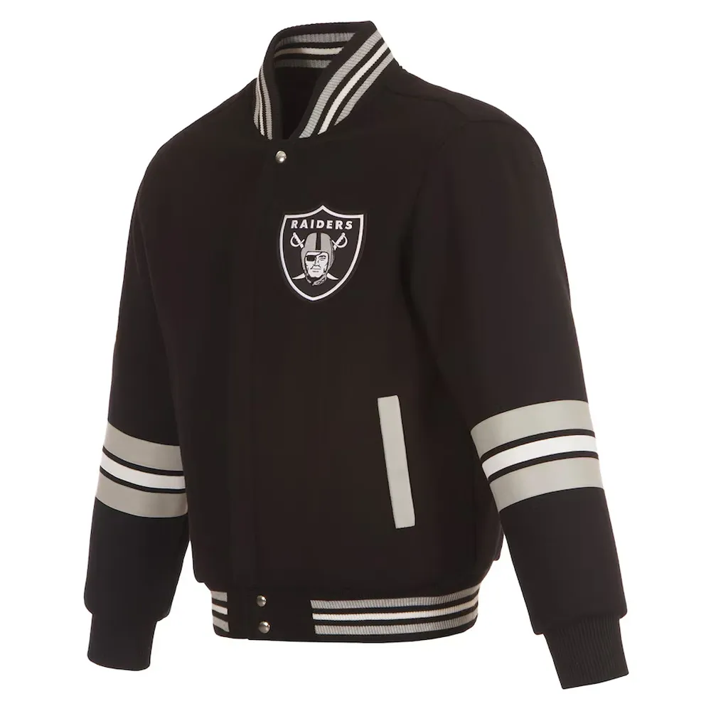 Las Vegas Raiders Striped Black Varsity Wool Jacket Las Vegas Raiders Striped Black Varsity Wool Jacket