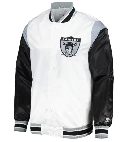 Las Vegas Raiders Throwback Warm Up Pitch White Varsity Satin Jacket