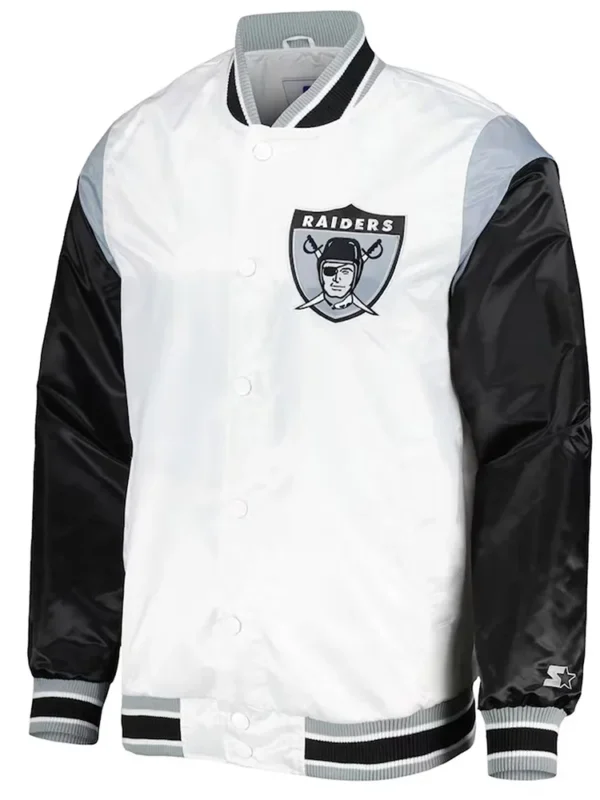 Las Vegas Raiders Throwback Warm Up Pitch White Varsity Satin Jacket