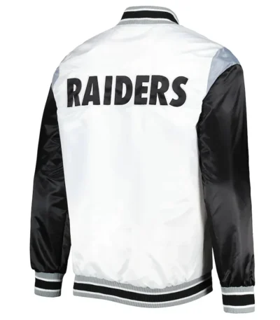 Las Vegas Raiders Throwback Warm Up Pitch White Varsity Satin Jacket