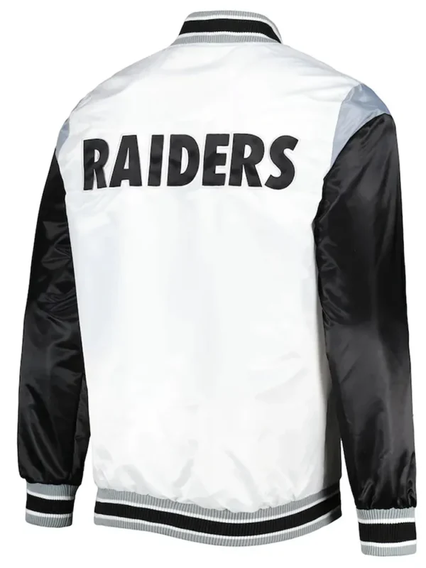 Las Vegas Raiders Throwback Warm Up Pitch White Varsity Satin Jacket