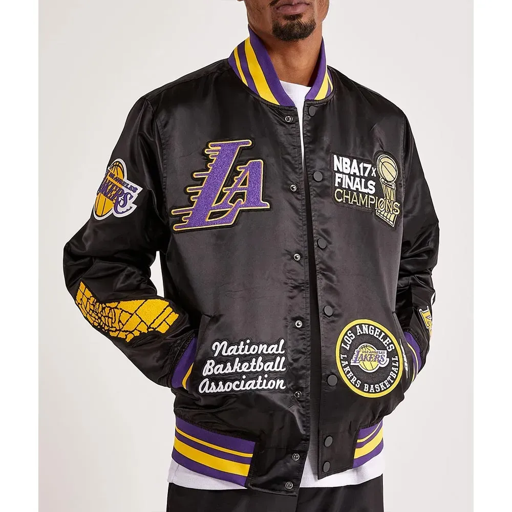 Los Angeles Lakers 17X Champions Black Varsity Satin Jacket Los Angeles Lakers 17X Champions Black Varsity Satin Jacket