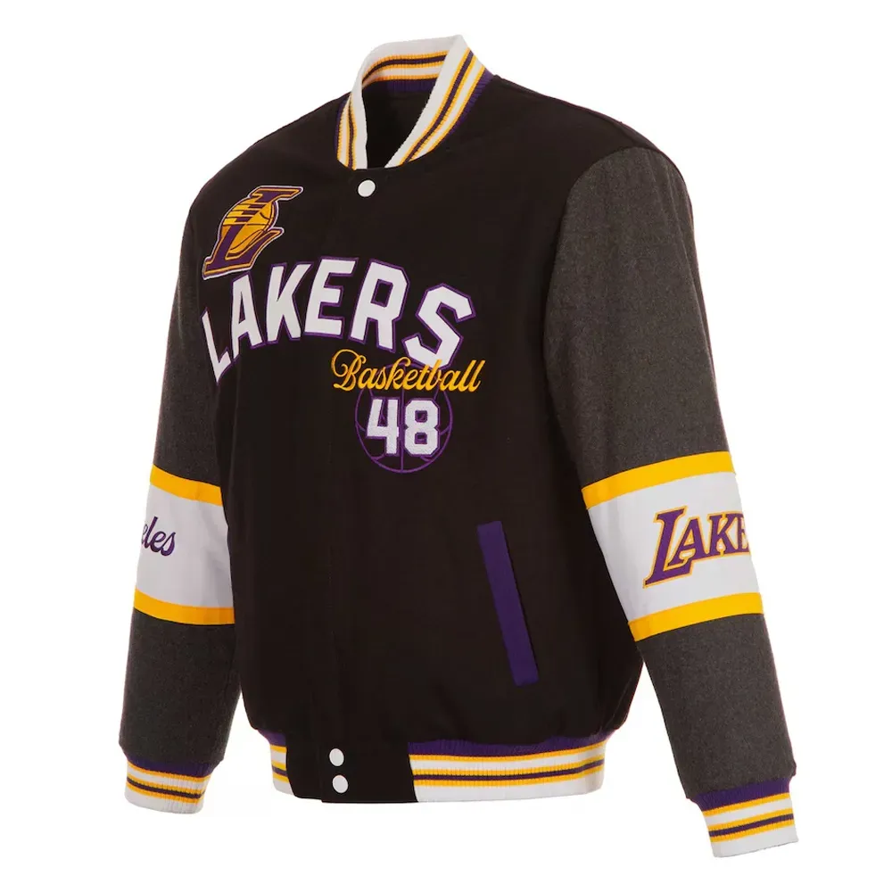 Los Angeles Lakers Black and Charcoal Varsity Wool Jacket Los Angeles Lakers Black and Charcoal Varsity Wool Jacket
