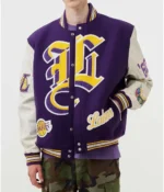 Los Angeles Lakers Letterman Purple Wool and White Leather Jacket
