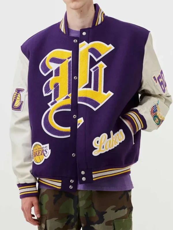 Los Angeles Lakers Letterman Purple Wool and White Leather Jacket