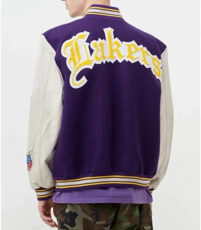 Los Angeles Lakers Letterman Purple Wool and White Leather Jacket