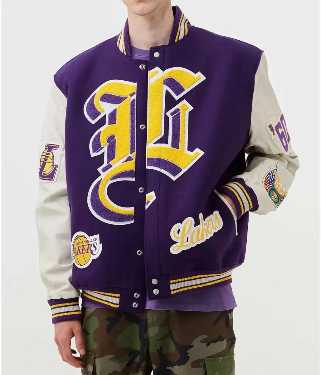 Los Angeles Lakers Letterman Purple Wool and White Leather Jacket Los Angeles Lakers Letterman Purple Wool and White Leather Jacket