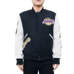Los Angeles Lakers Logo Blended Wool Leather Varsity Full-Snap Jacket