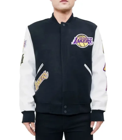 Los Angeles Lakers Logo Blended Wool Leather Varsity Full-Snap Jacket