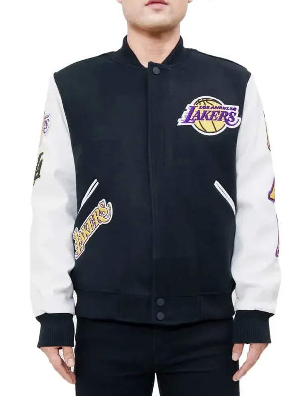 Los Angeles Lakers Logo Blended Wool Leather Varsity Full-Snap Jacket