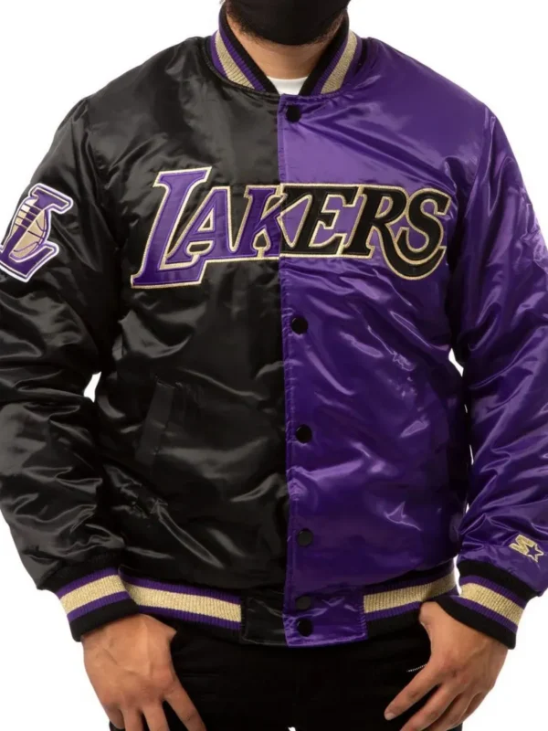 Los Angeles Lakers Purple and Black Satin Bomber Jacket