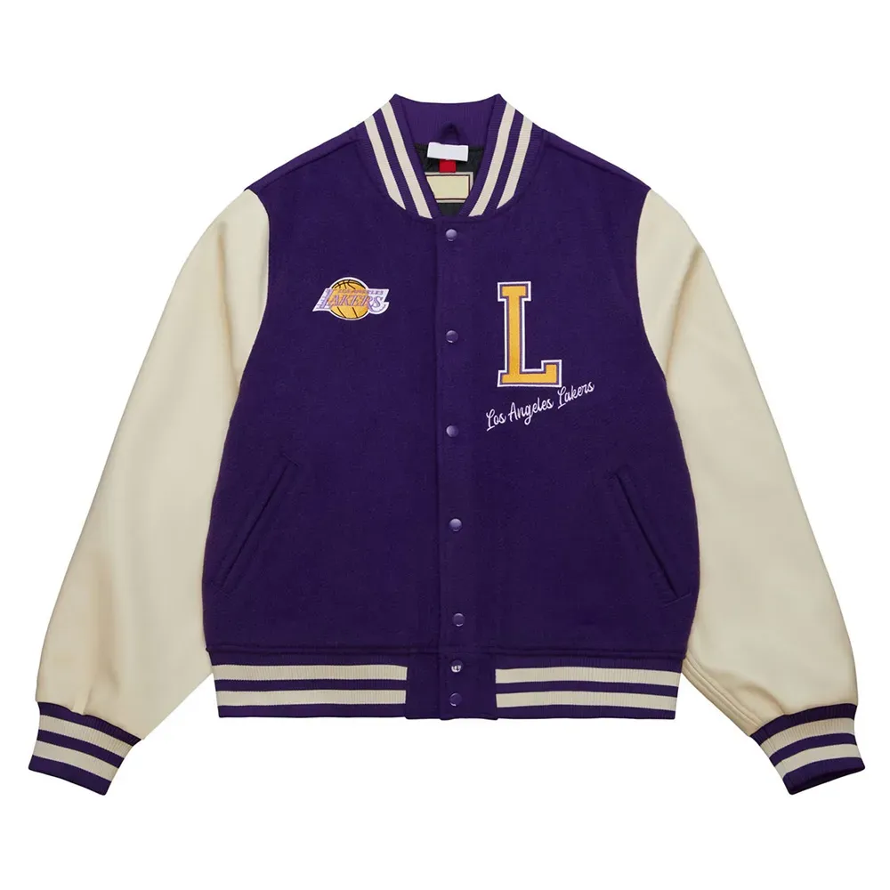 Los Angeles Lakers Purple and Off White Varsity Jacket Los Angeles Lakers Purple and Off White Varsity Jacket