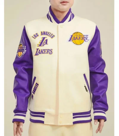 Los Angeles Lakers Retro Classic Rib Off White and Purple Varsity Jacket