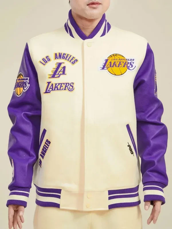 Los Angeles Lakers Retro Classic Rib Off White and Purple Varsity Jacket