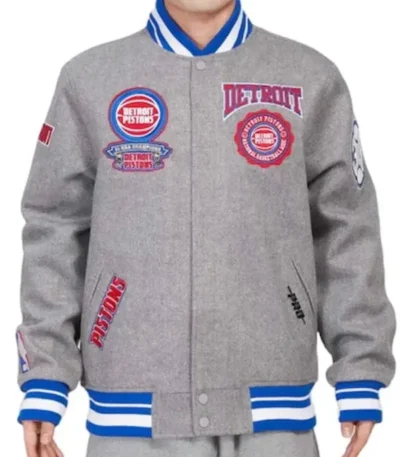 Men Grey Detroit Pistons Crest Emblem Varsity Jacket