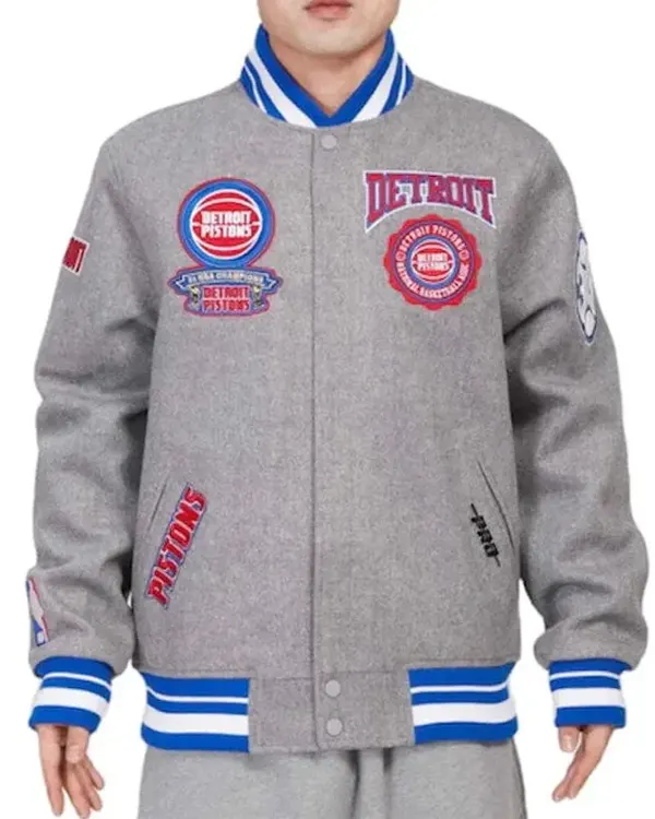 Men Grey Detroit Pistons Crest Emblem Varsity Jacket Men Grey Detroit Pistons Crest Emblem Varsity Jacket