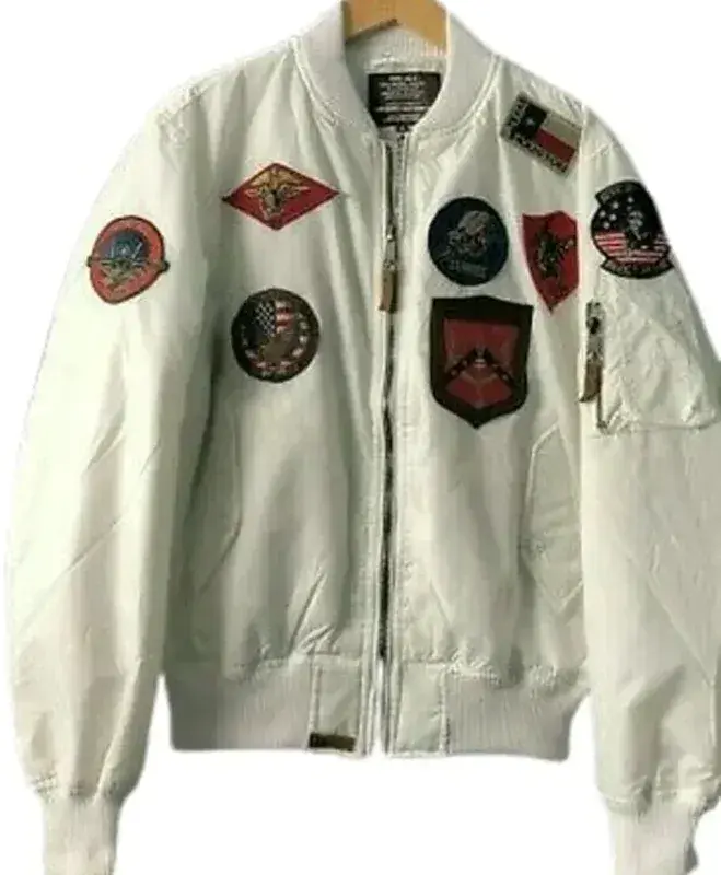 Mens Top Gun MA-1 White Patches Zip Up Bomber Jacket Mens Top Gun MA-1 White Patches Zip Up Bomber Jacket